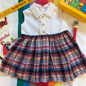 70s White Plaid Polyester Dress Lace Gold Button